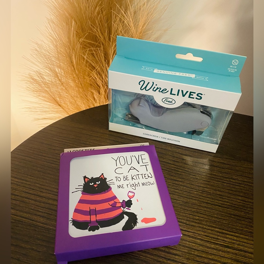 For Cat Lovers, New in Box Cat Corkscrew and Coasters